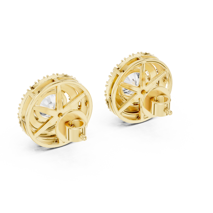 925 Silver Round Moissanite Double Halo Stud Earrings – 14K Gold Plated