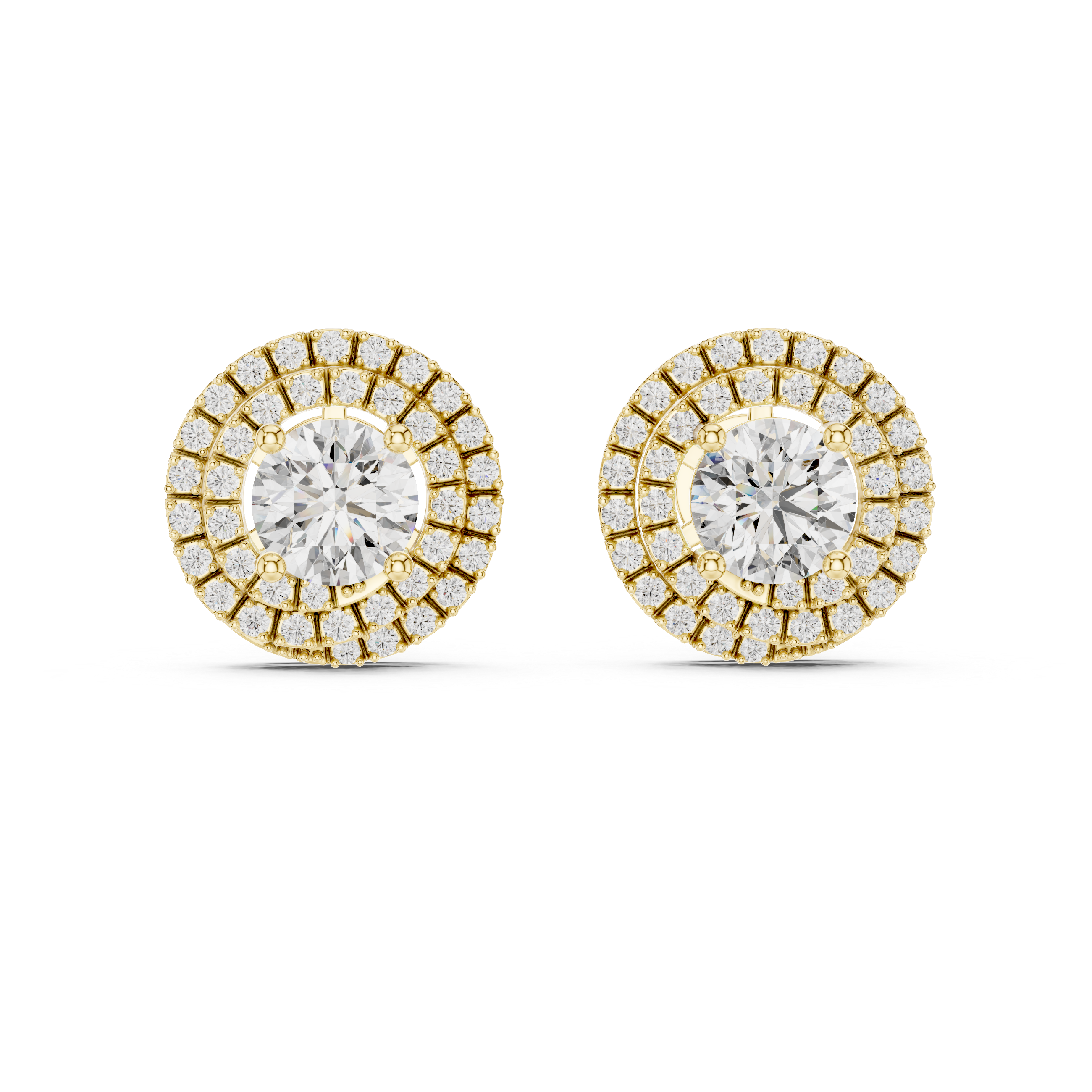 925 Silver Round Moissanite Double Halo Stud Earrings – 14K Gold Plated