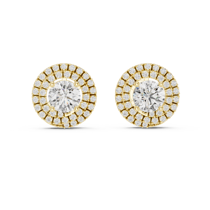 925 Silver Round Moissanite Double Halo Stud Earrings – 14K Gold Plated