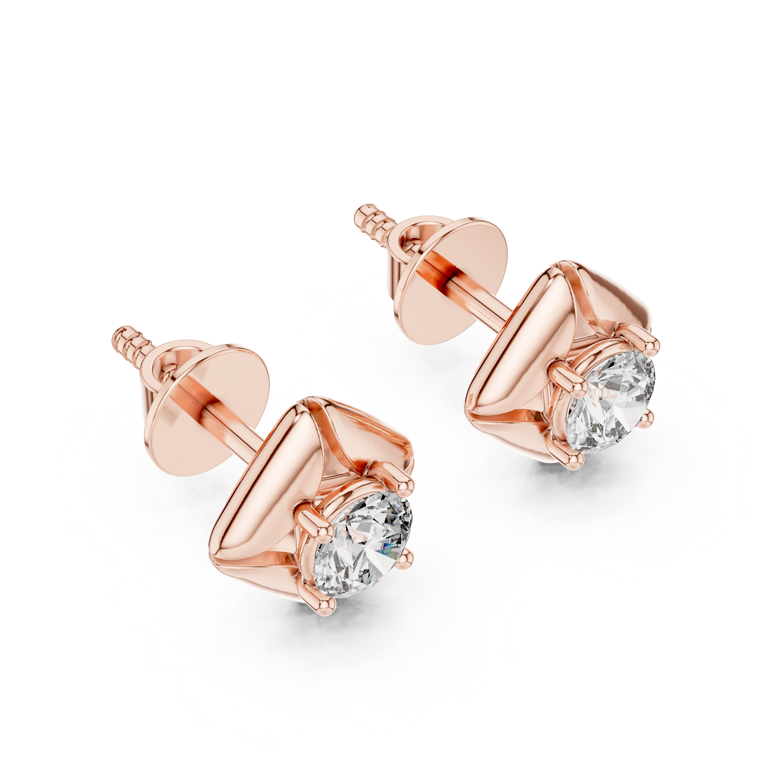 925 Silver Round Moissanite Geometric Petal Solitaire Stud Earrings – 14K Gold Plated
