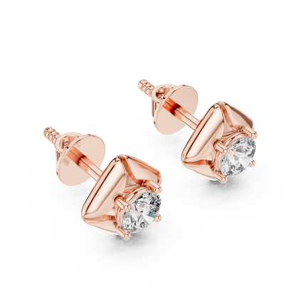 925 Silver Round Moissanite Geometric Petal Solitaire Stud Earrings – 14K Gold Plated