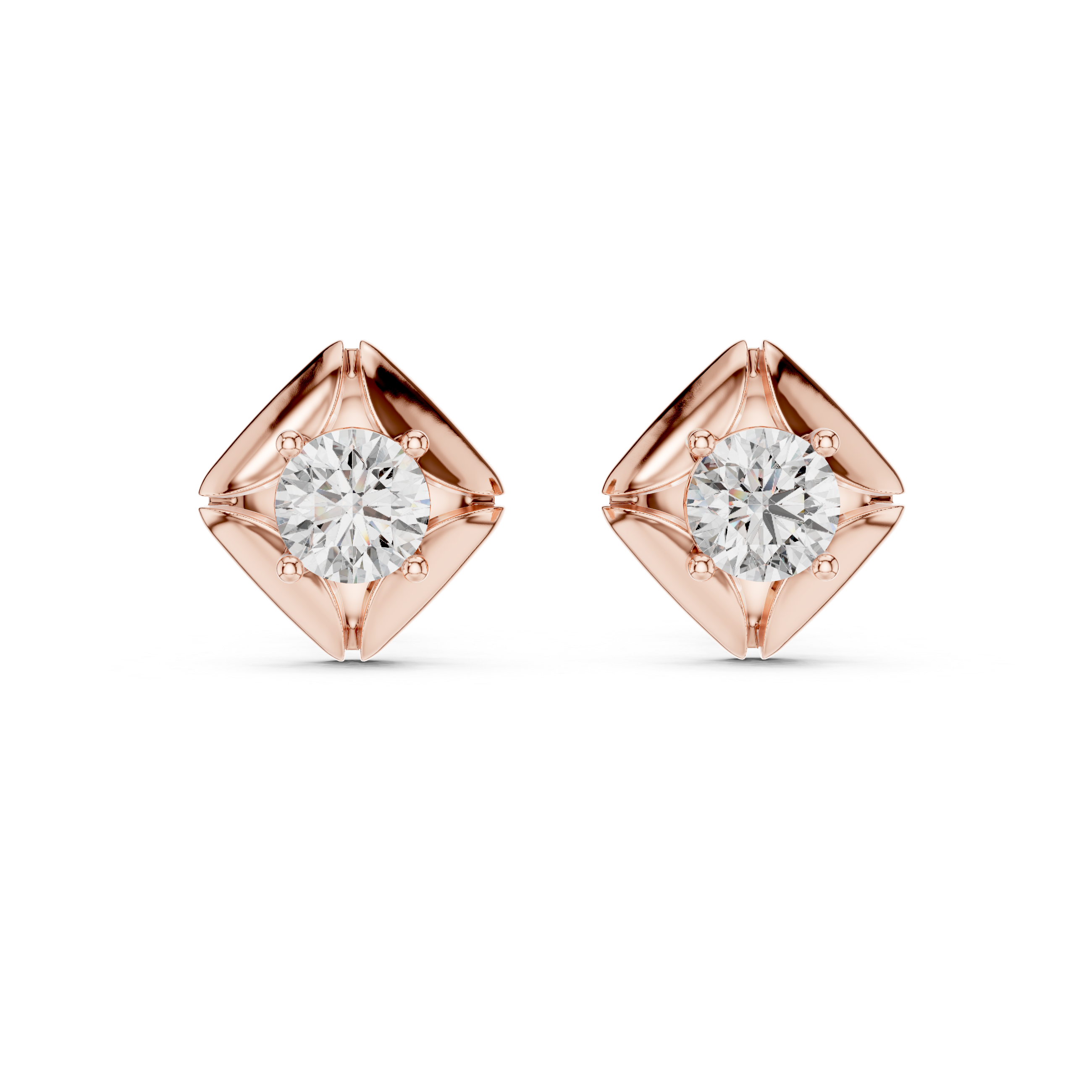 925 Silver Round Moissanite Geometric Petal Solitaire Stud Earrings – 14K Gold Plated