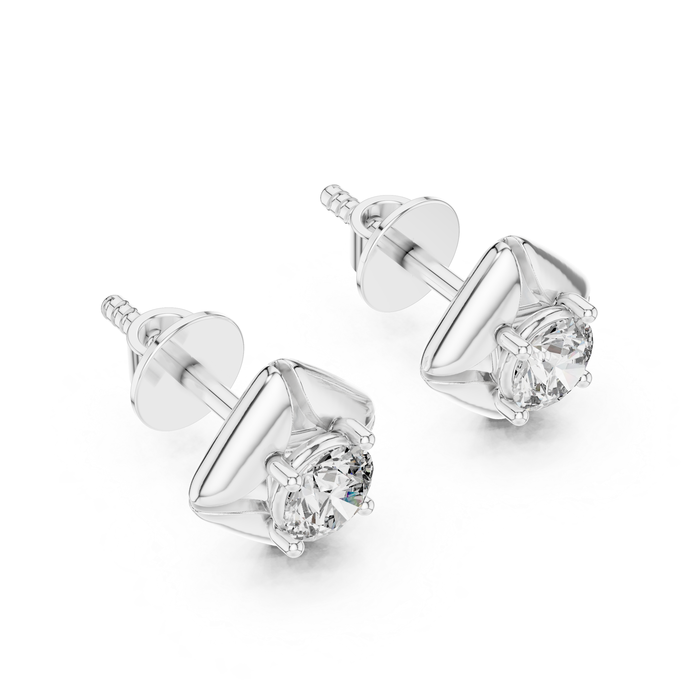 925 Silver Round Moissanite Geometric Petal Solitaire Stud Earrings – 14K Gold Plated