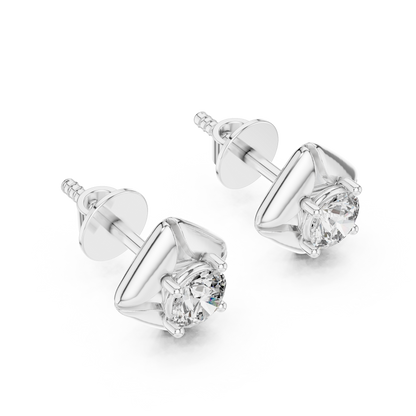 925 Silver Round Moissanite Geometric Petal Solitaire Stud Earrings – 14K Gold Plated