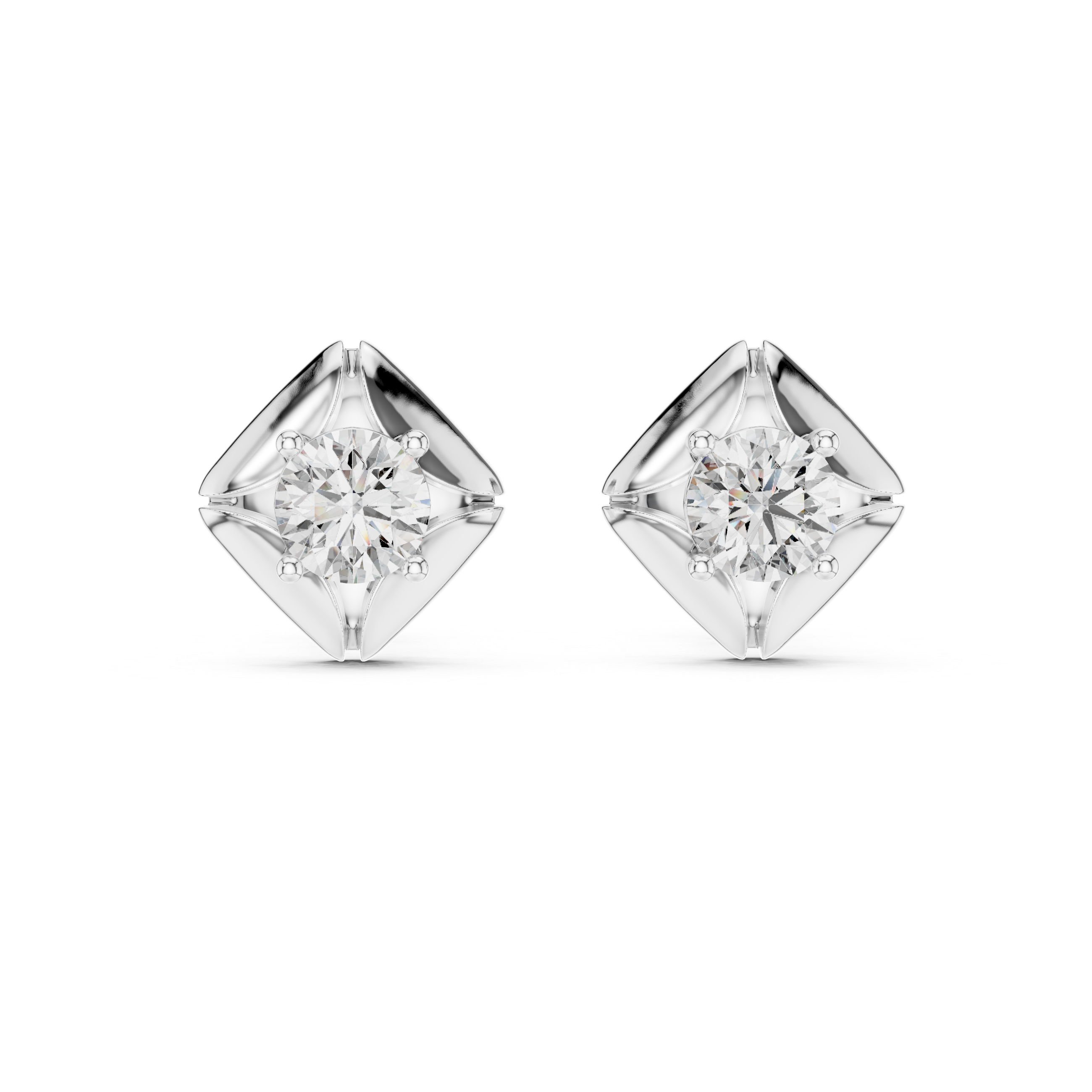 925 Silver Round Moissanite Geometric Petal Solitaire Stud Earrings – 14K Gold Plated