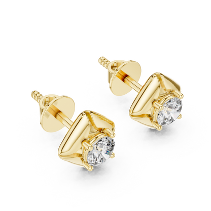 925 Silver Round Moissanite Geometric Petal Solitaire Stud Earrings – 14K Gold Plated