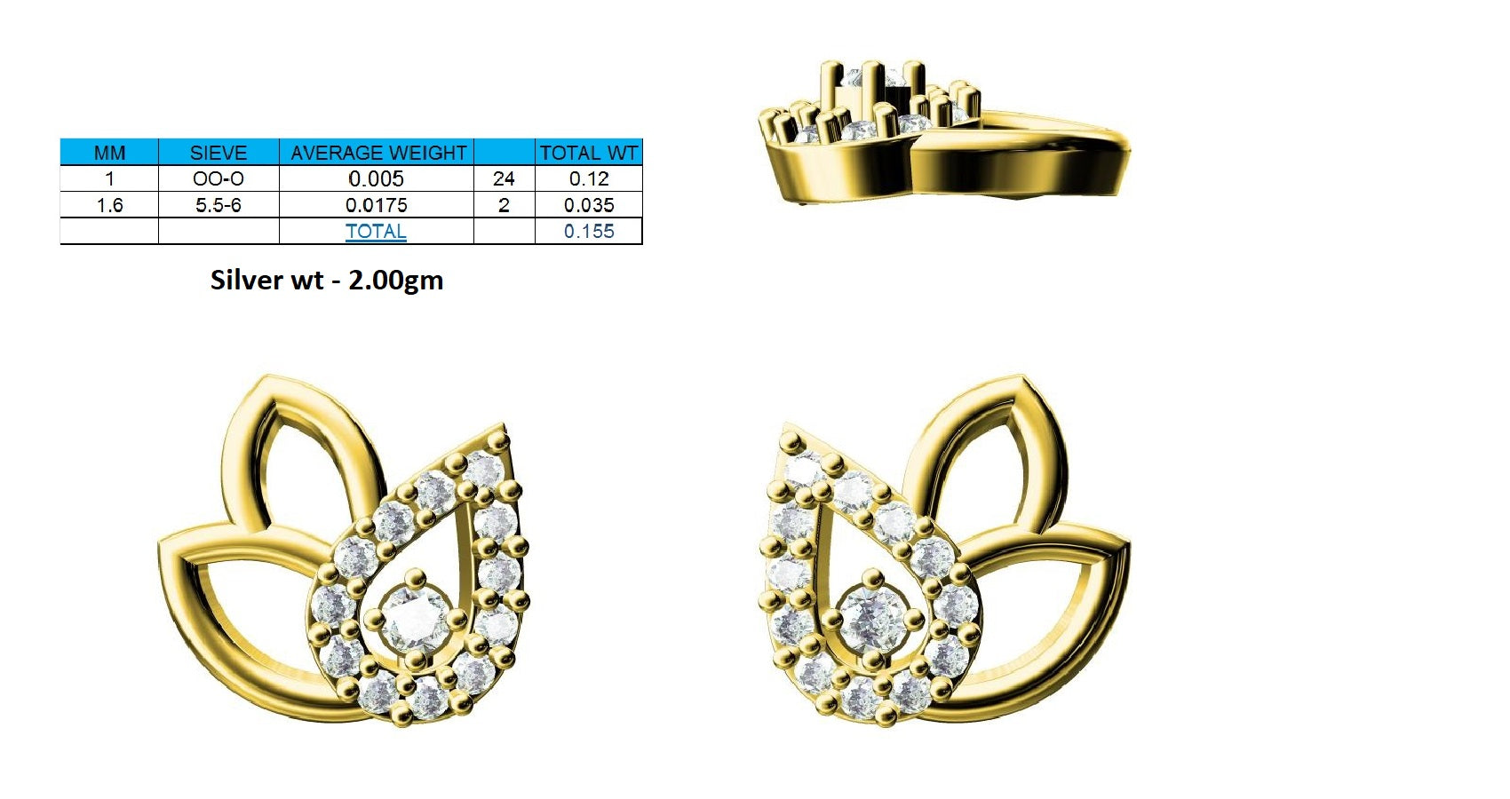 RKC Damen-Ohrring, 925er-Sterlingsilber, Moissanit-Blatt, 14 Karat Gelb, über 2,00 g