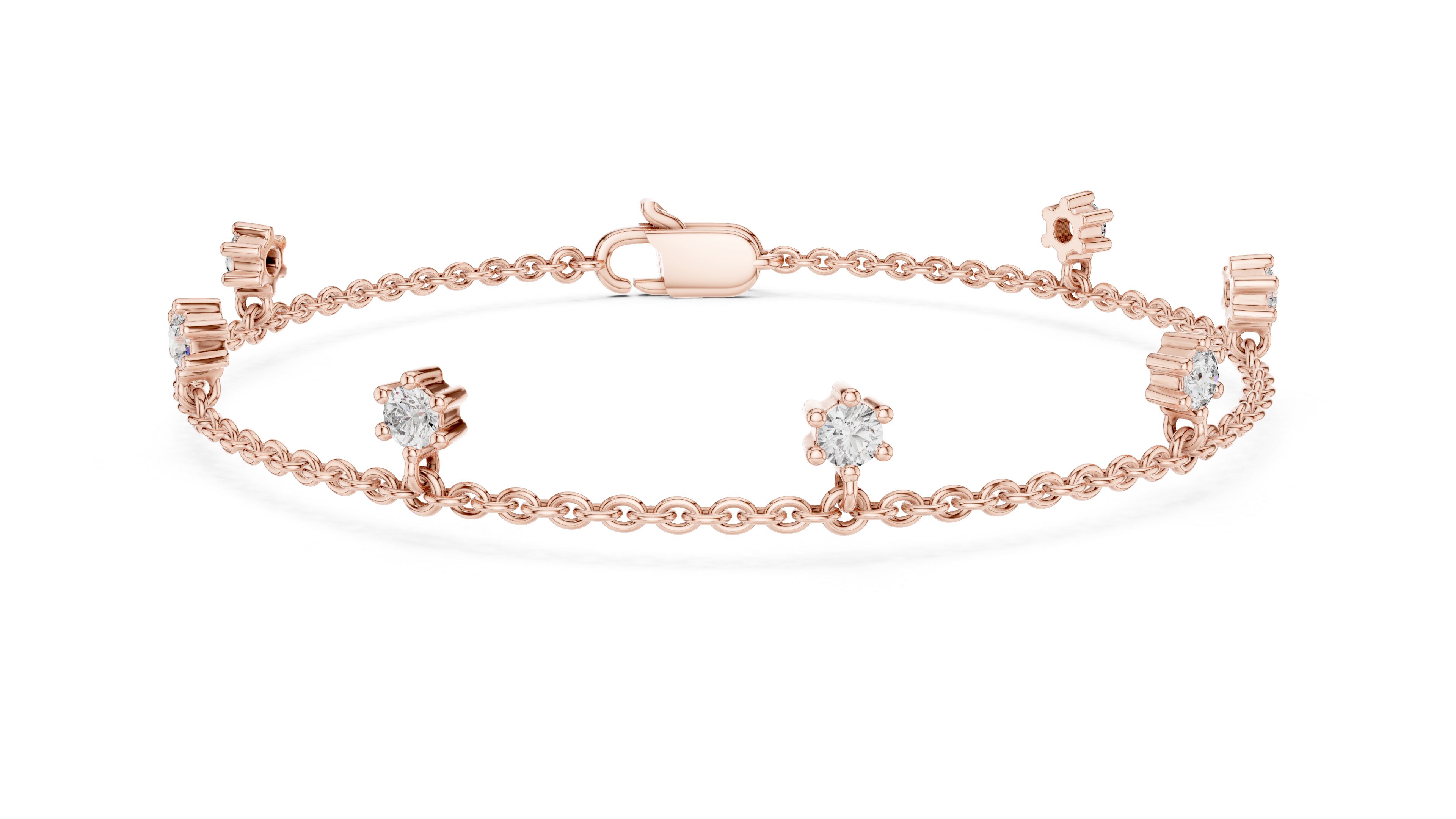 925 Silver Round Cut Moissanite Station Chain Bracelet – 14K Gold Finish