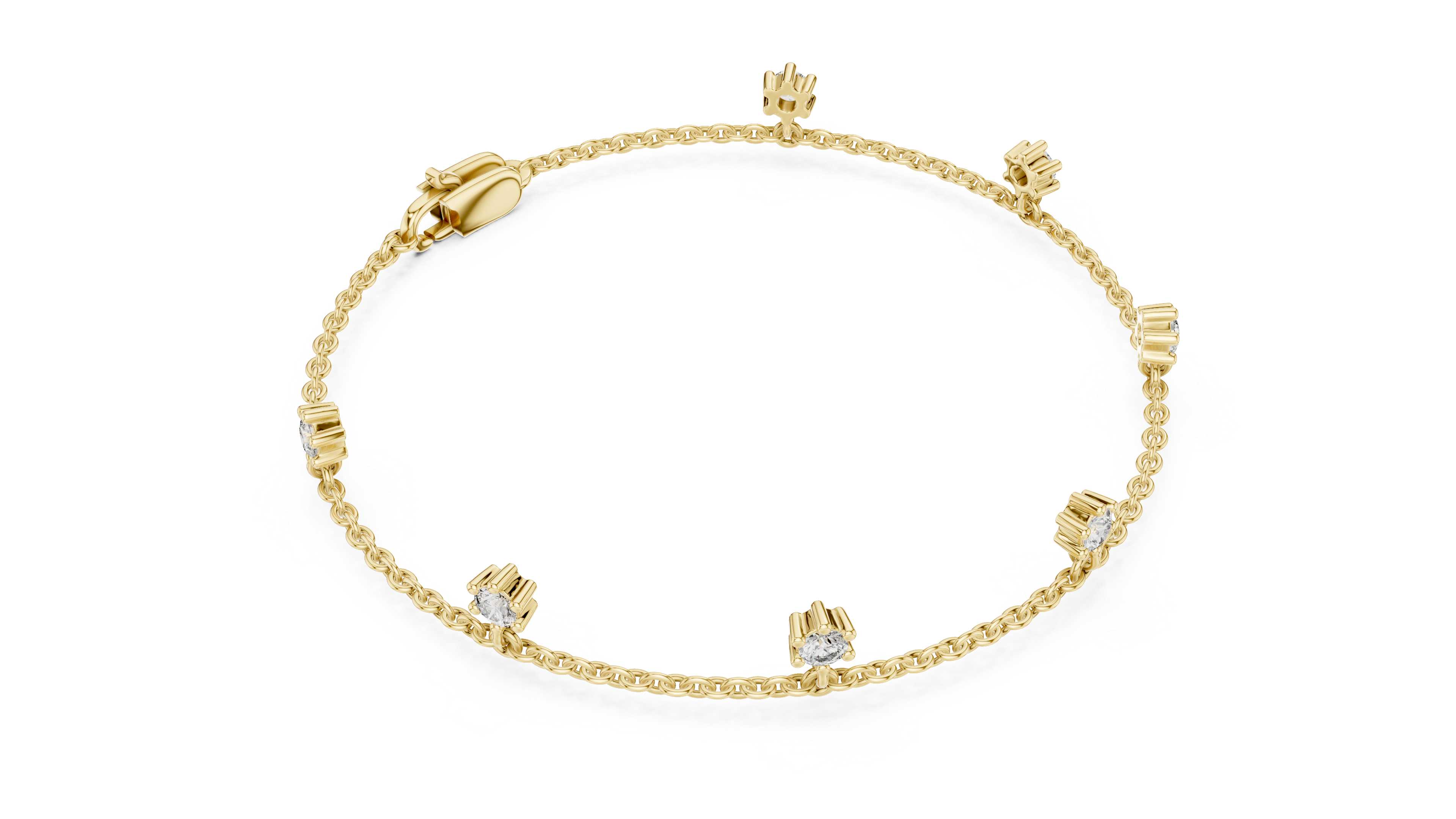 925 Silver Round Cut Moissanite Station Chain Bracelet – 14K Gold Finish