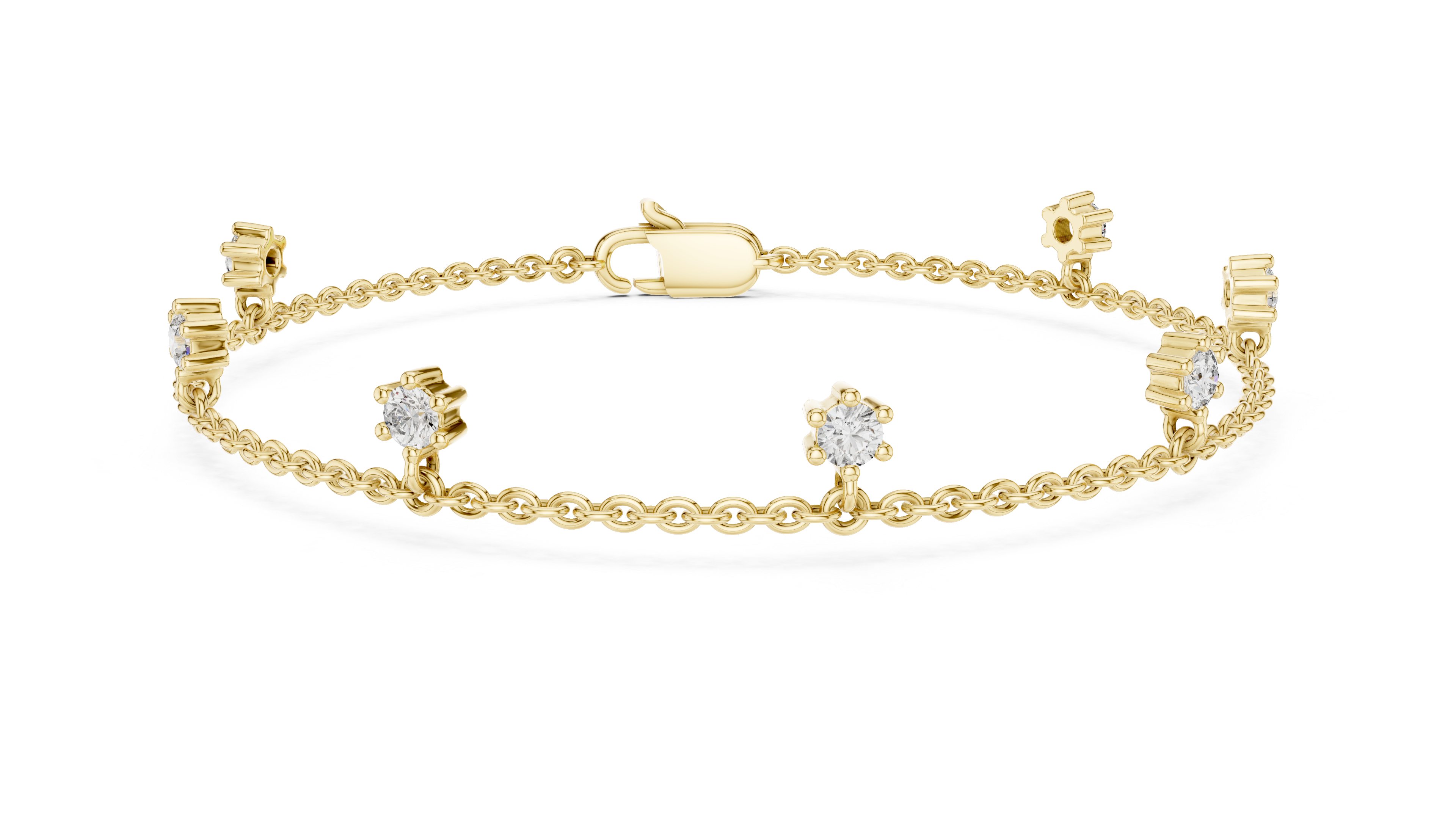 925 Silver Round Cut Moissanite Station Chain Bracelet – 14K Gold Finish