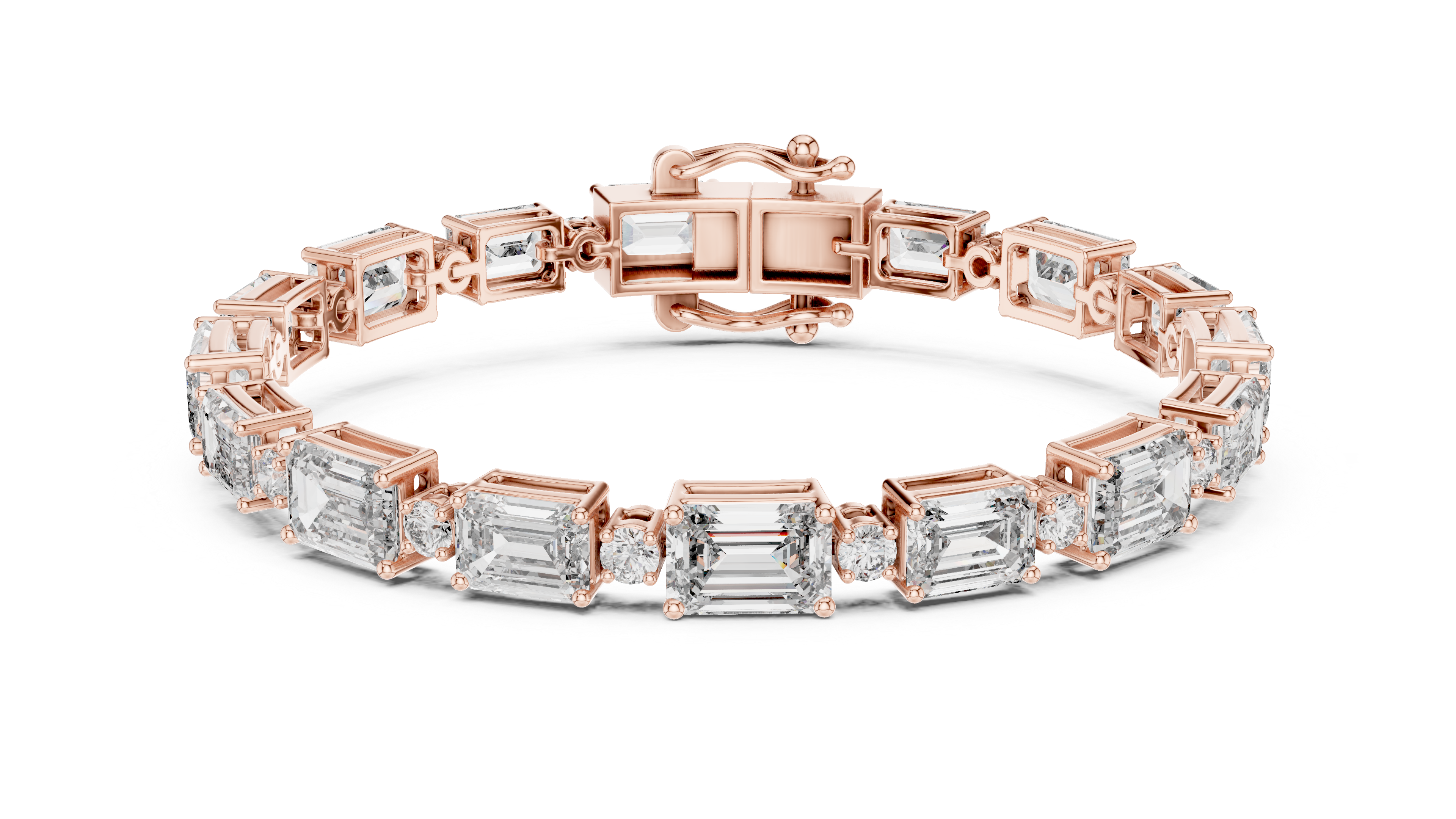 925 Silver Emerald Cut Moissanite Tennis Bracelet with Round Accents – 14K Gold Finish