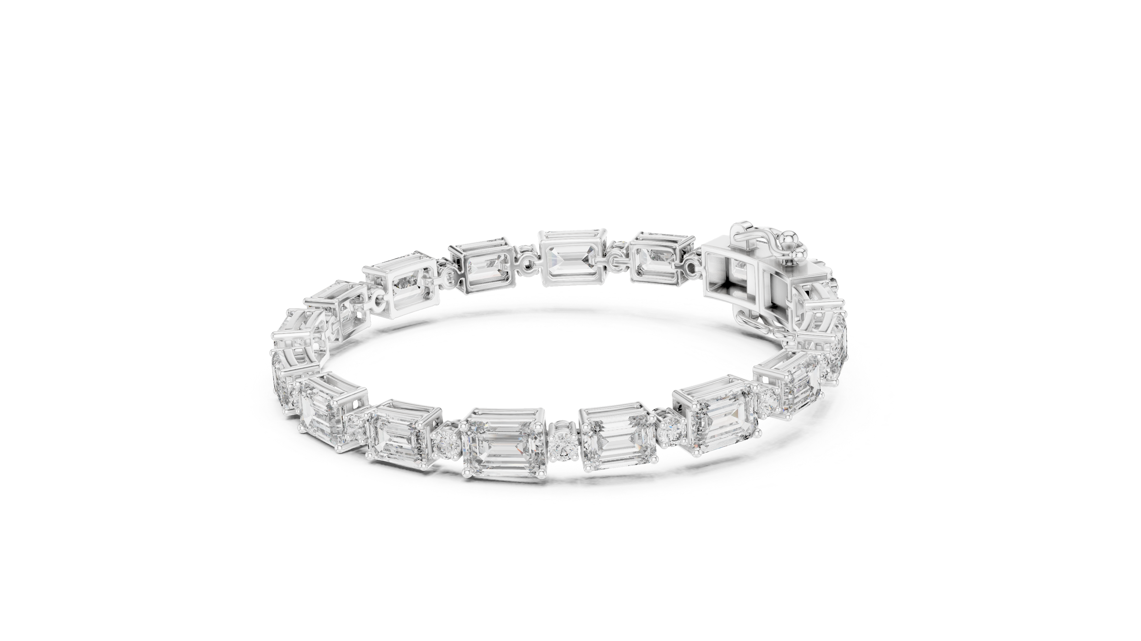 925 Silver Emerald Cut Moissanite Tennis Bracelet with Round Accents – 14K Gold Finish