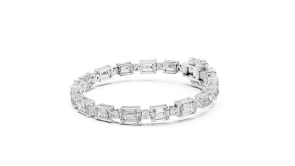 925 Silver Emerald Cut Moissanite Tennis Bracelet with Round Accents – 14K Gold Finish