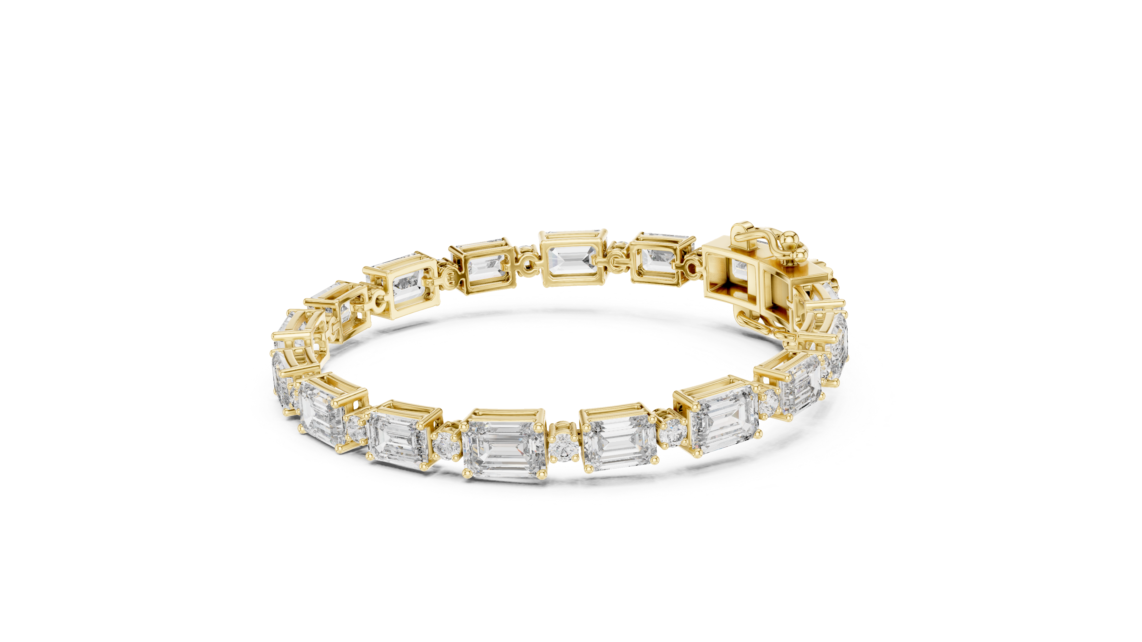 925 Silver Emerald Cut Moissanite Tennis Bracelet with Round Accents – 14K Gold Finish