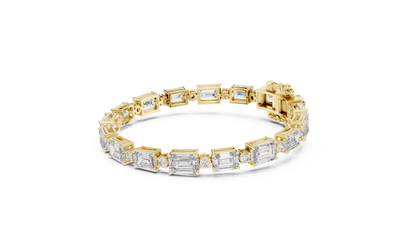 925 Silver Emerald Cut Moissanite Tennis Bracelet with Round Accents – 14K Gold Finish