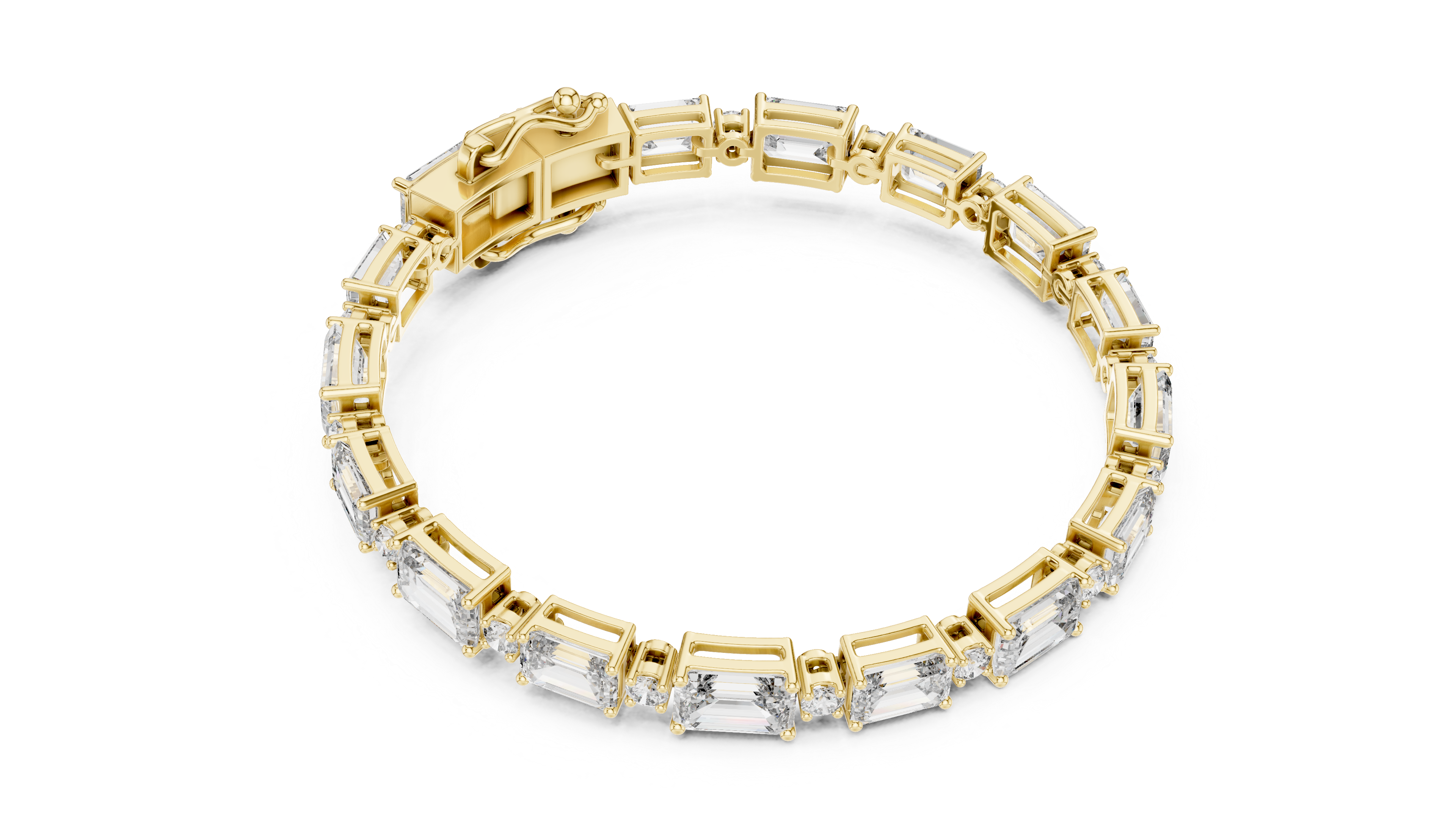 925 Silver Emerald Cut Moissanite Tennis Bracelet with Round Accents – 14K Gold Finish