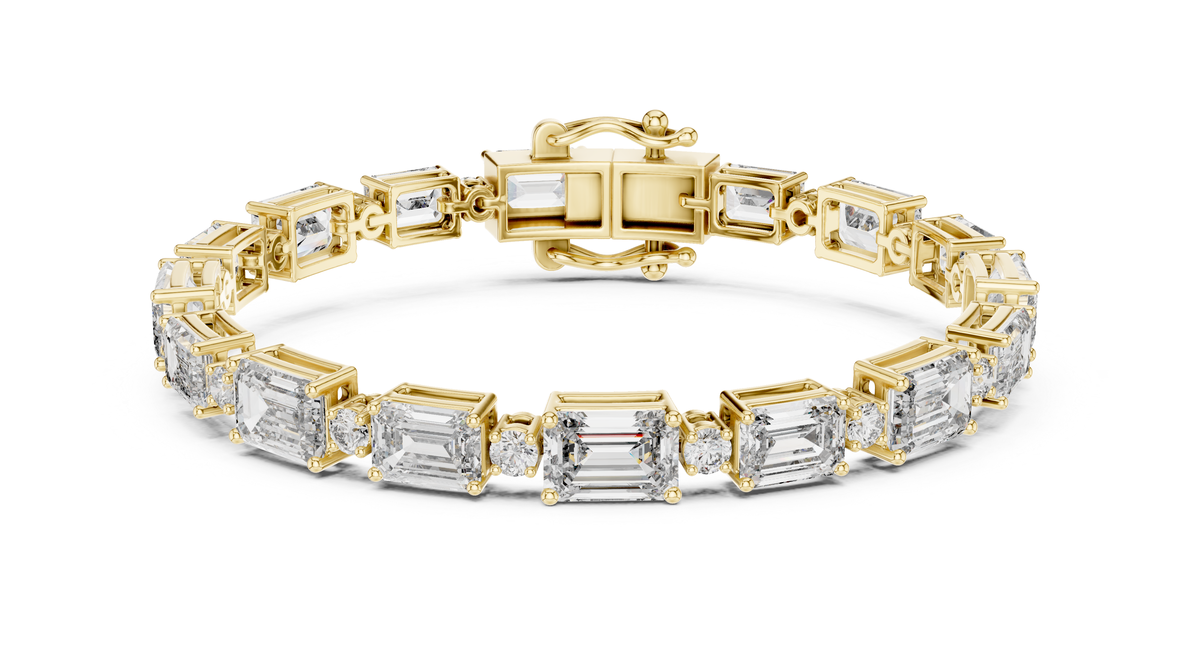 925 Silver Emerald Cut Moissanite Tennis Bracelet with Round Accents – 14K Gold Finish