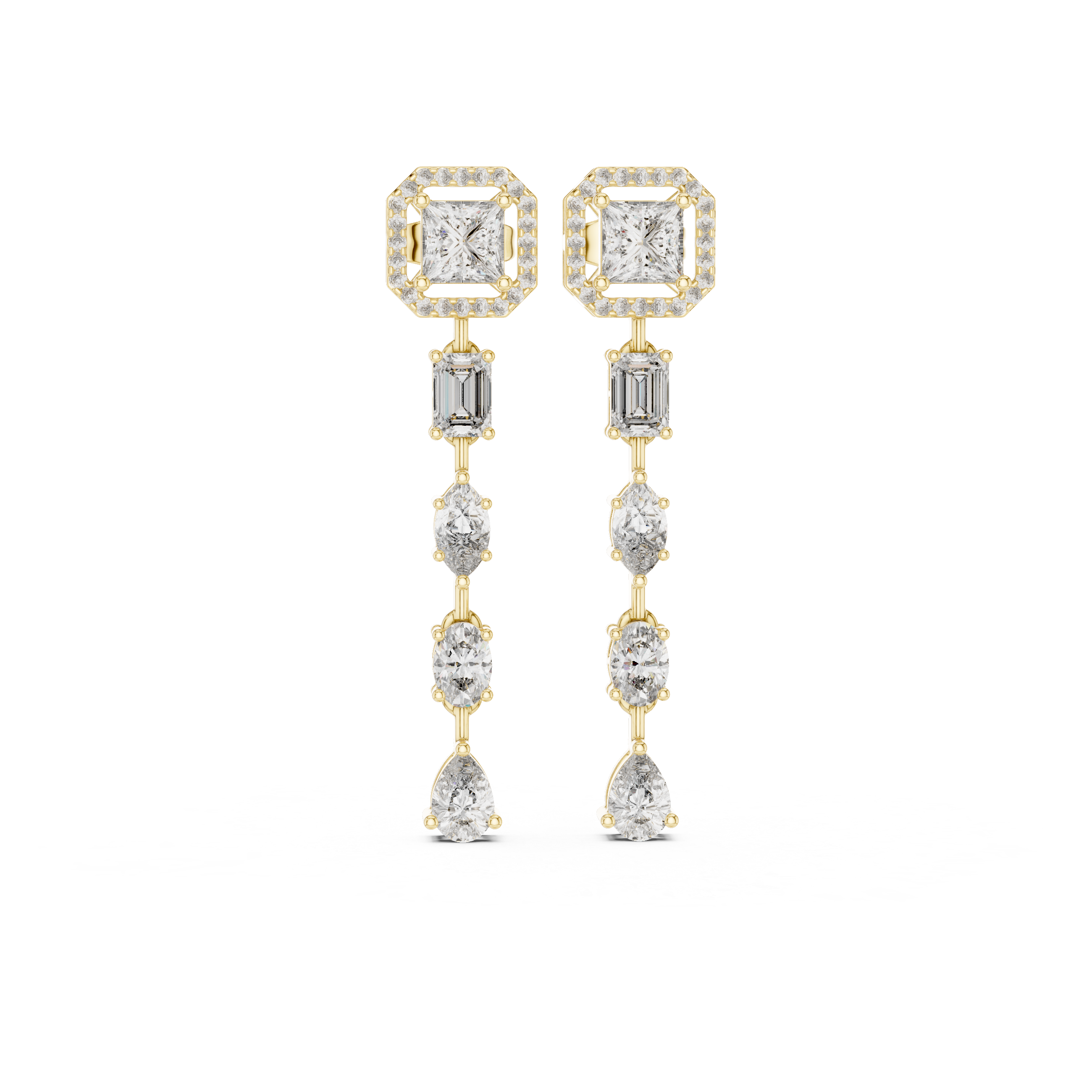 925 Sterling Silver Mixed-Cut Moissanite Linear Drop Dangle Earrings – 14K Gold Finish