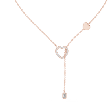 925 Silver Moissanite Pavé Heart Lariat Y-Drop Necklace with Emerald Cut Drop 14K Gold Plated