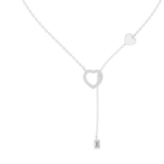 925 Silver Moissanite Pavé Heart Lariat Y-Drop Necklace with Emerald Cut Drop 14K Gold Plated