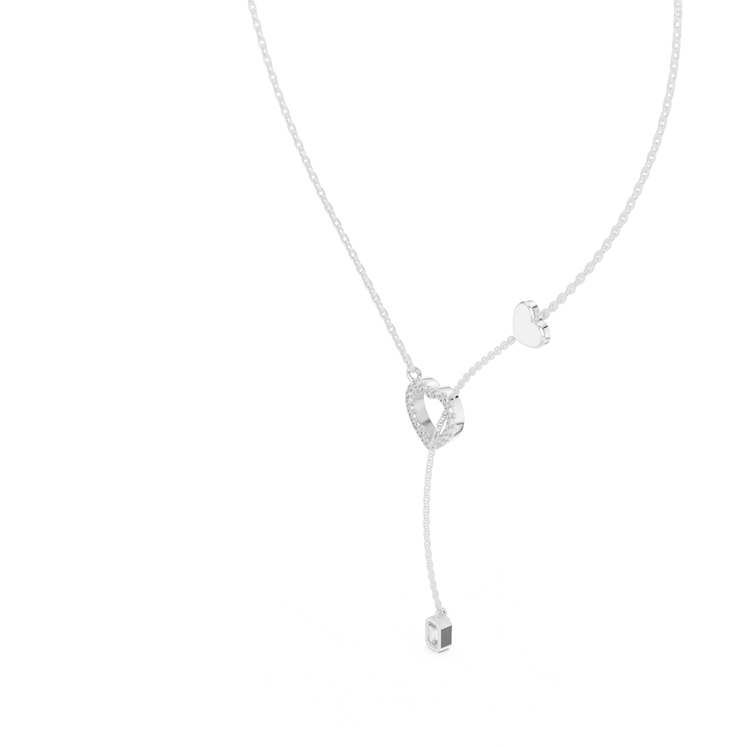 925 Silver Moissanite Pavé Heart Lariat Y-Drop Necklace with Emerald Cut Drop 14K Gold Plated