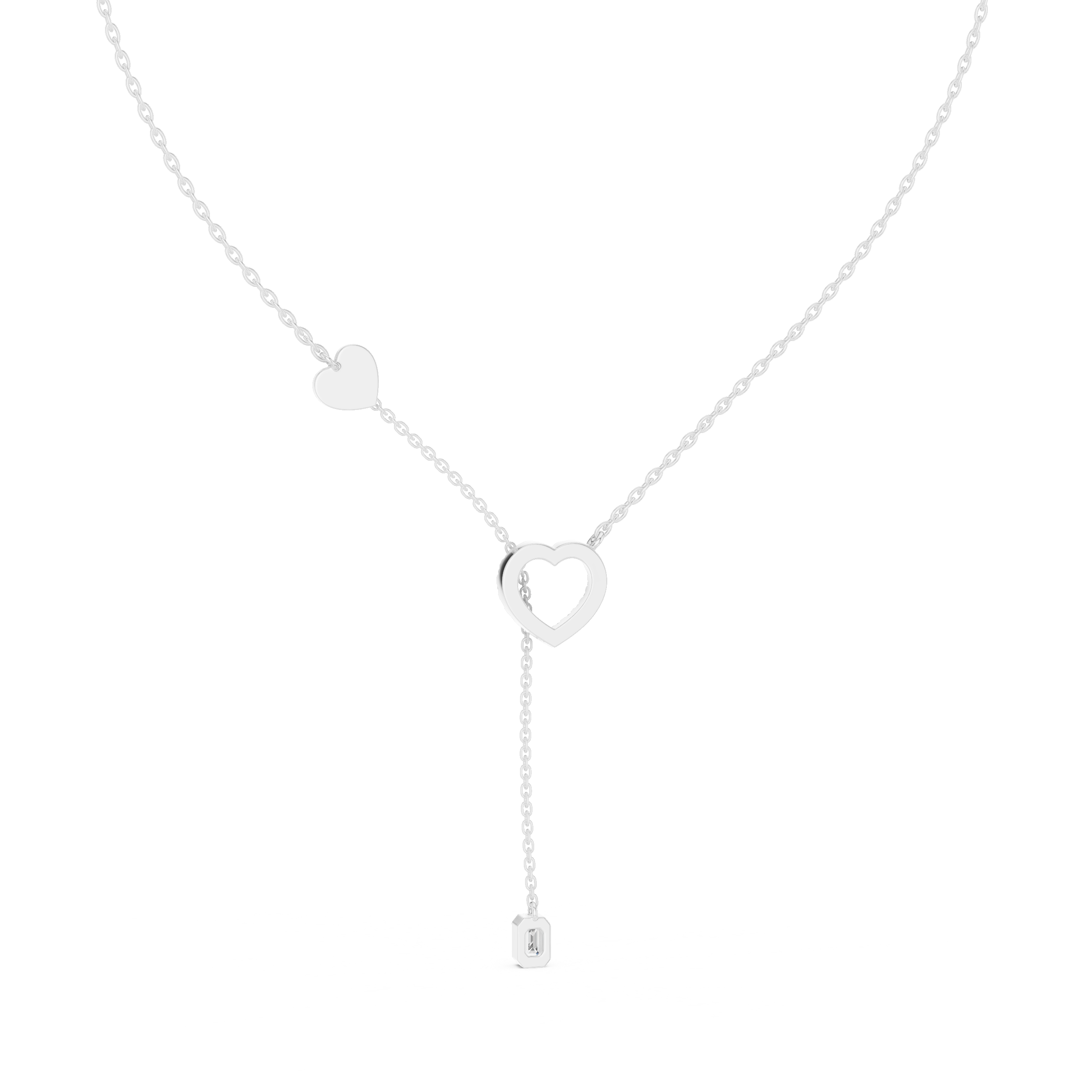 925 Silver Moissanite Pavé Heart Lariat Y-Drop Necklace with Emerald Cut Drop 14K Gold Plated