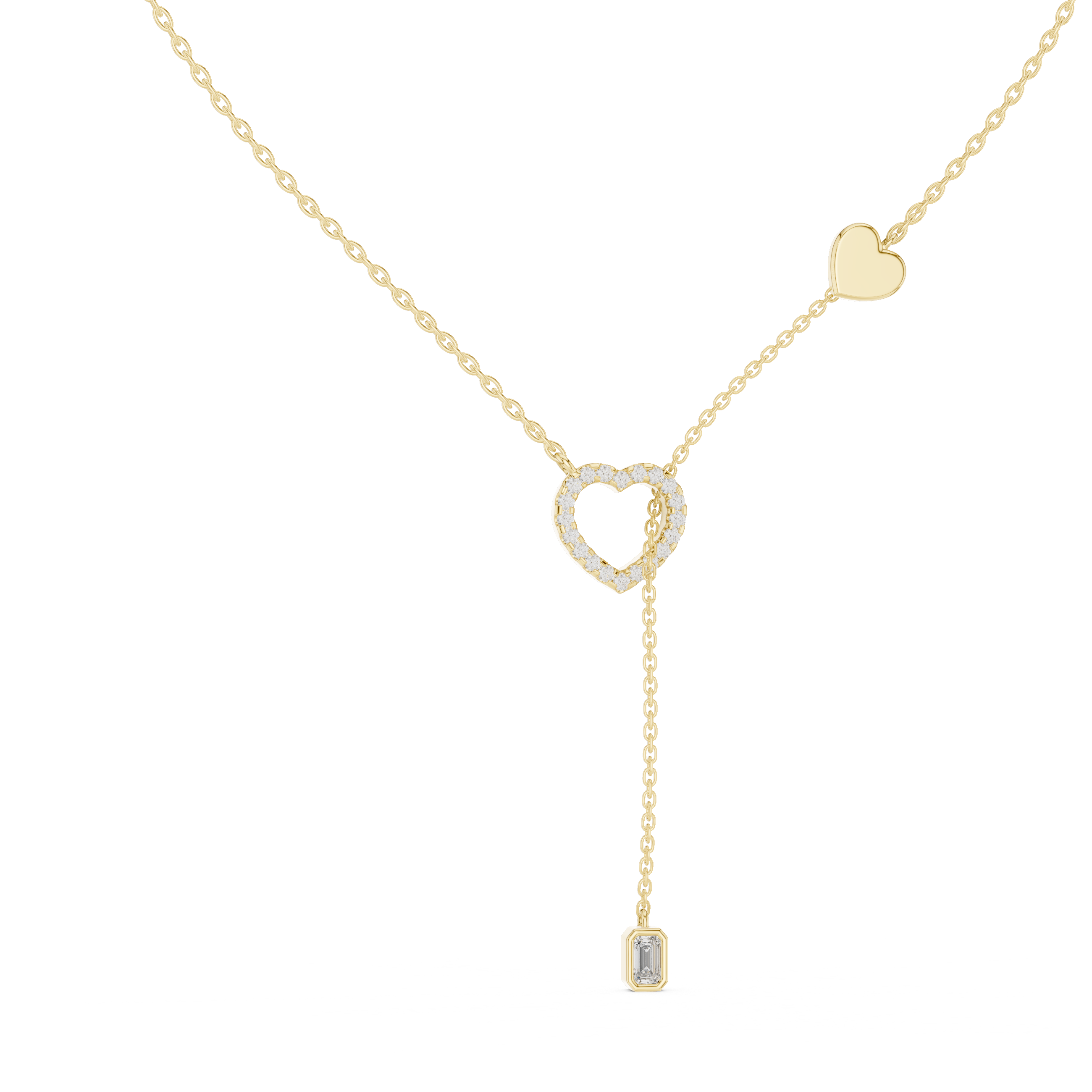 925 Silver Moissanite Pavé Heart Lariat Y-Drop Necklace with Emerald Cut Drop 14K Gold Plated