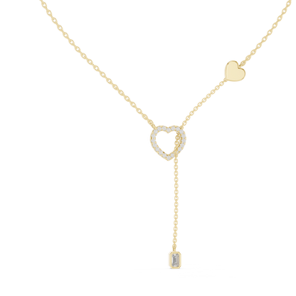 925 Silver Moissanite Pavé Heart Lariat Y-Drop Necklace with Emerald Cut Drop 14K Gold Plated