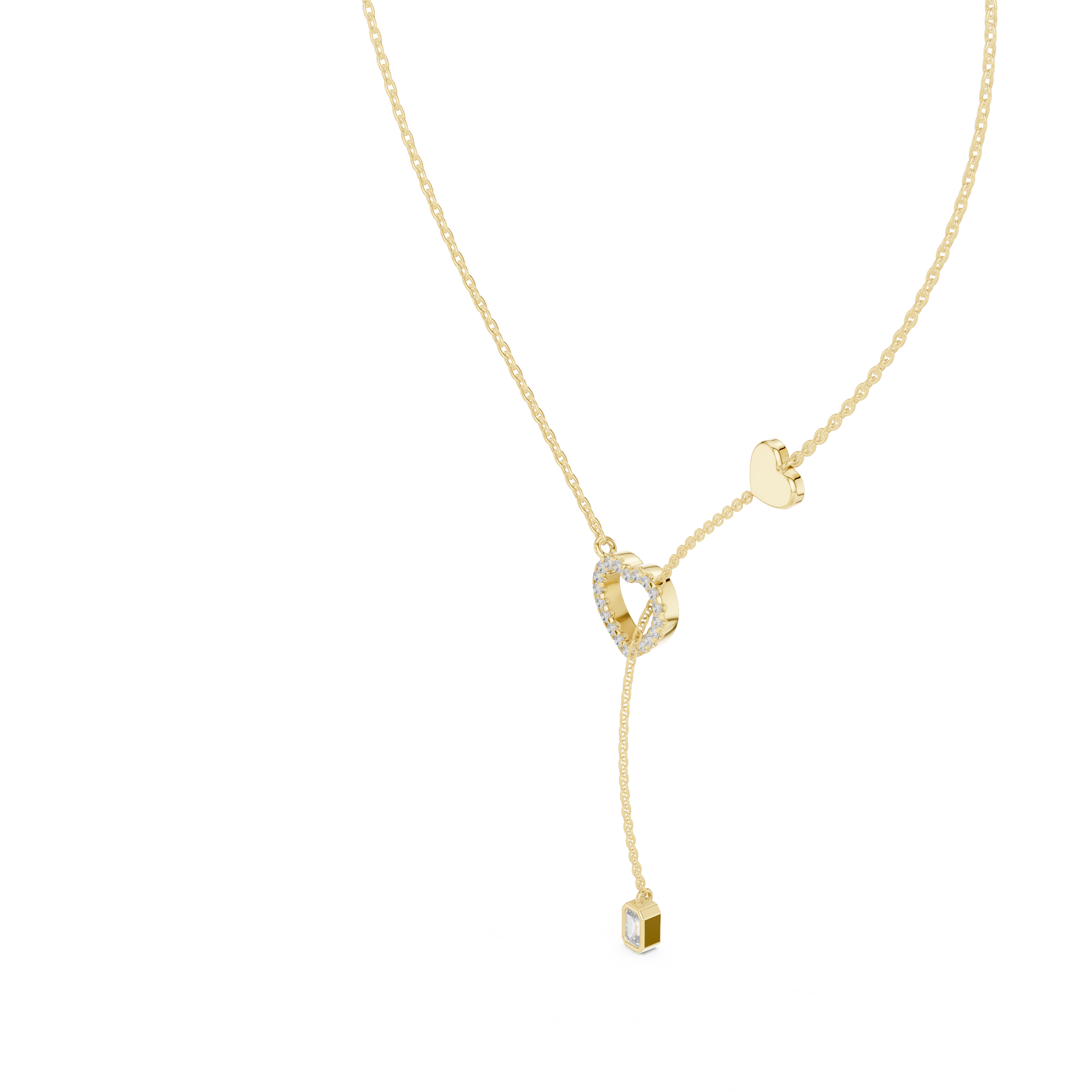 925 Silver Moissanite Pavé Heart Lariat Y-Drop Necklace with Emerald Cut Drop 14K Gold Plated