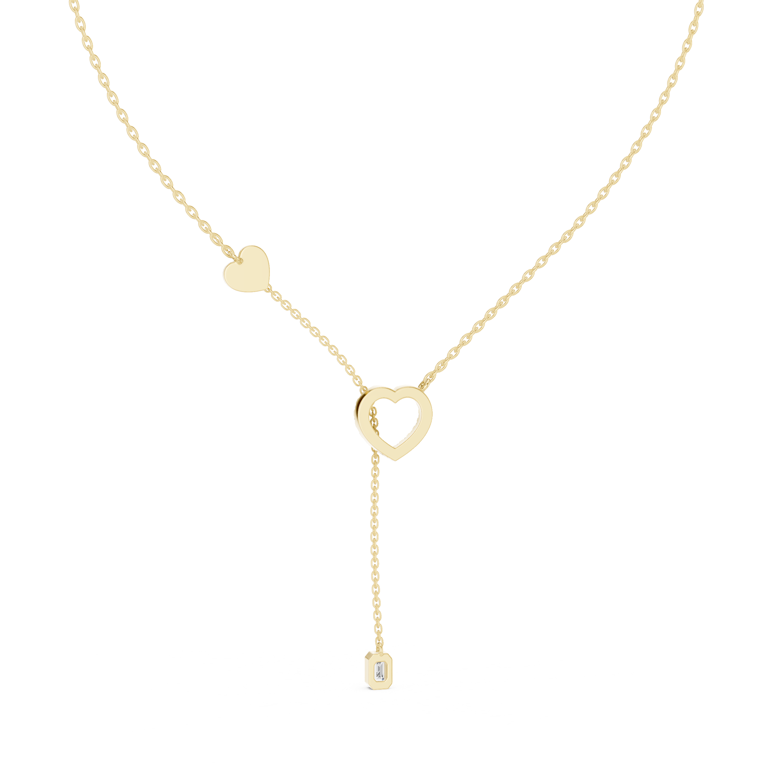 925 Silver Moissanite Pavé Heart Lariat Y-Drop Necklace with Emerald Cut Drop 14K Gold Plated