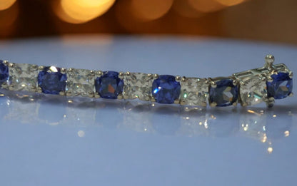 Bracciale da donna in argento sterling RKC 925 con zaffiro da 10 ct e moissanite, placcato in oro bianco 14 carati, peso 20 g.