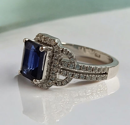 Anello di fidanzamento con pietra preziosa RKC, zaffiro e moissanite, argento sterling 925, placcato oro bianco 14 carati, peso 4 g, larghezza 2,30 mm