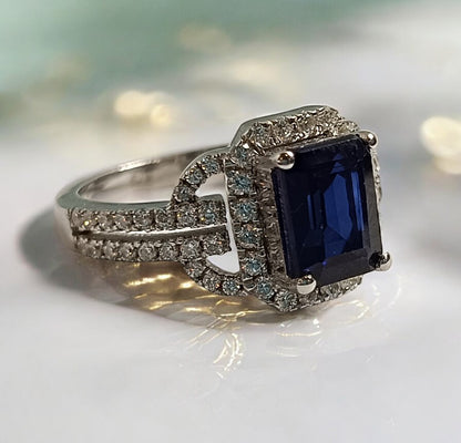 Anello di fidanzamento con pietra preziosa RKC, zaffiro e moissanite, argento sterling 925, placcato oro bianco 14 carati, peso 4 g, larghezza 2,30 mm