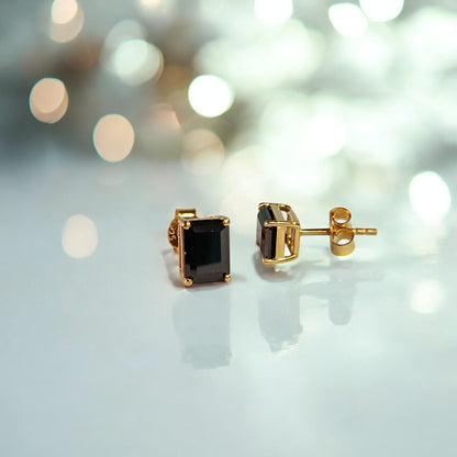 RKC 2 Ct Emerald Cut Black Zircon Stud Earrings 1k Yellow Gold Plated 925 Sterling Silver
