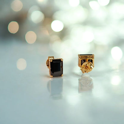 RKC 2 Ct Emerald Cut Black Zircon Stud Earrings 1k Yellow Gold Plated 925 Sterling Silver