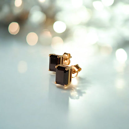 RKC 2 Ct Emerald Cut Black Zircon Stud Earrings 1k Yellow Gold Plated 925 Sterling Silver