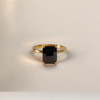 RKC Solitär-Verlobungsringe mit schwarzem Diamant im Smaragdschliff, 14 Karat Gelbgold plattiert, 925er Silber, Gewicht 3,30 g, Breite 2,80 mm