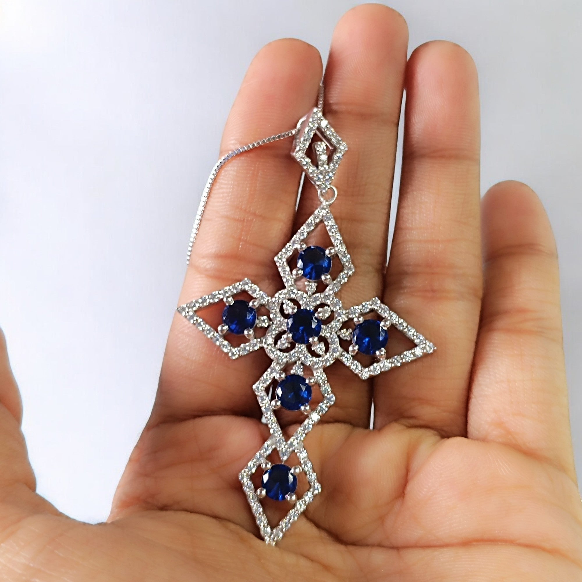 RKC 5,00 Karat Edelstein-Kreuz-Anhänger-Halskette, 925er Silberschmuck, 14 Karat Weißgold vergoldet, Gewicht 13,00 g, Höhe 66,00 mm