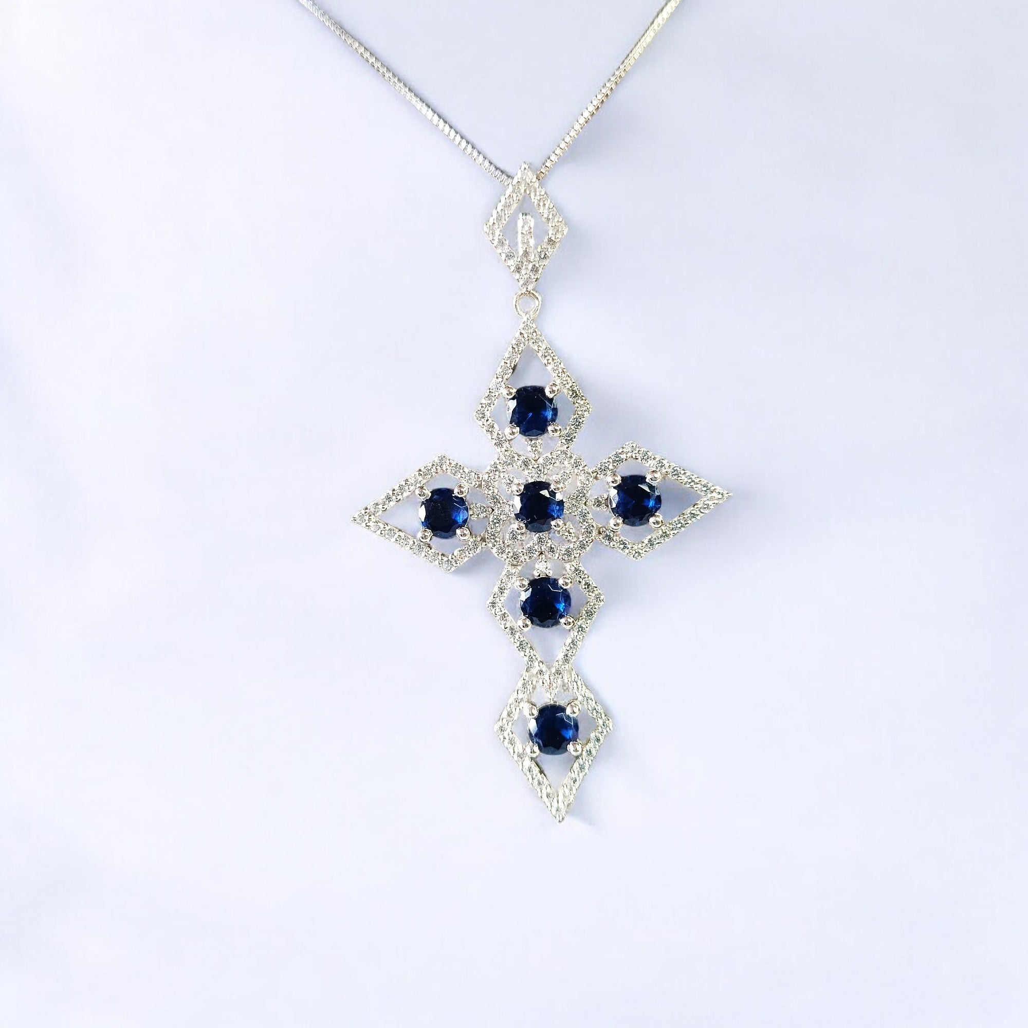 RKC 5,00 Karat Edelstein-Kreuz-Anhänger-Halskette, 925er Silberschmuck, 14 Karat Weißgold vergoldet, Gewicht 13,00 g, Höhe 66,00 mm