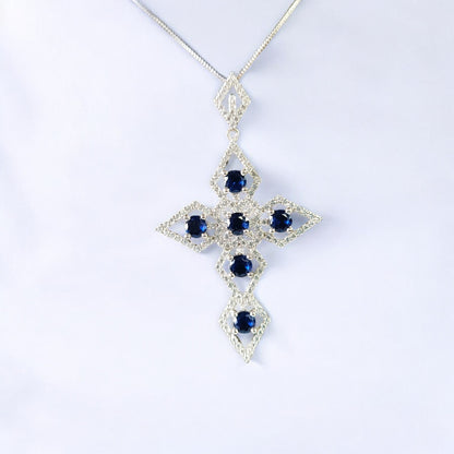 RKC 5,00 Karat Edelstein-Kreuz-Anhänger-Halskette, 925er Silberschmuck, 14 Karat Weißgold vergoldet, Gewicht 13,00 g, Höhe 66,00 mm