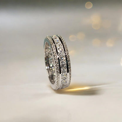 Fede nuziale di fidanzamento con moissanite taglio principessa RKC, argento 925, placcato oro bianco 14 carati, peso 7,50 g, larghezza 6,80 mm