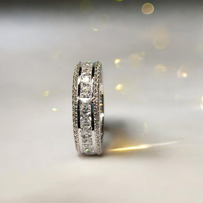 Fede nuziale di fidanzamento con moissanite taglio principessa RKC, argento 925, placcato oro bianco 14 carati, peso 7,50 g, larghezza 6,80 mm