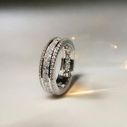 Fede nuziale di fidanzamento con moissanite taglio principessa RKC, argento 925, placcato oro bianco 14 carati, peso 7,50 g, larghezza 6,80 mm