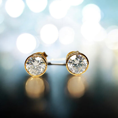 RKC 2 Carat Round Cut Moissanite Women's Stud Earrings 14k Yellow Gold Plated 925 Silver Weight 2mm