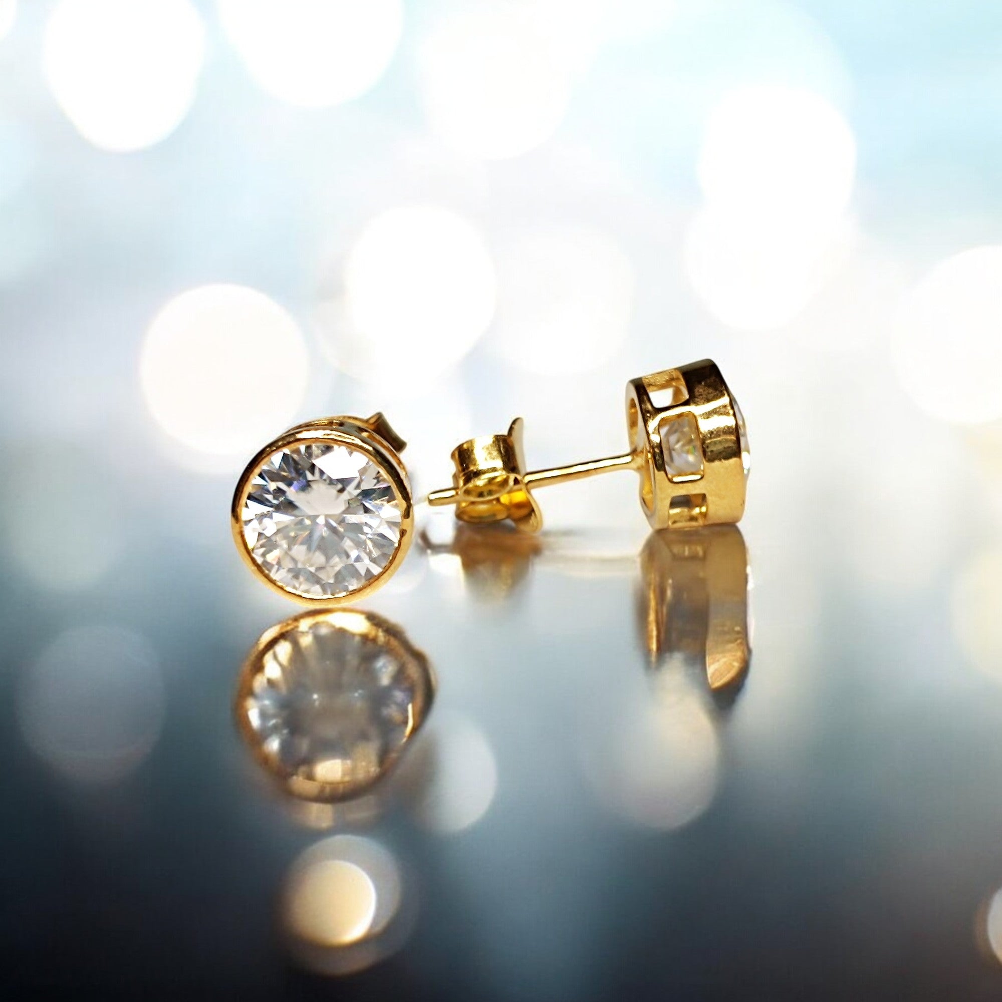 RKC 2 Carat Round Cut Moissanite Women's Stud Earrings 14k Yellow Gold Plated 925 Silver Weight 2mm