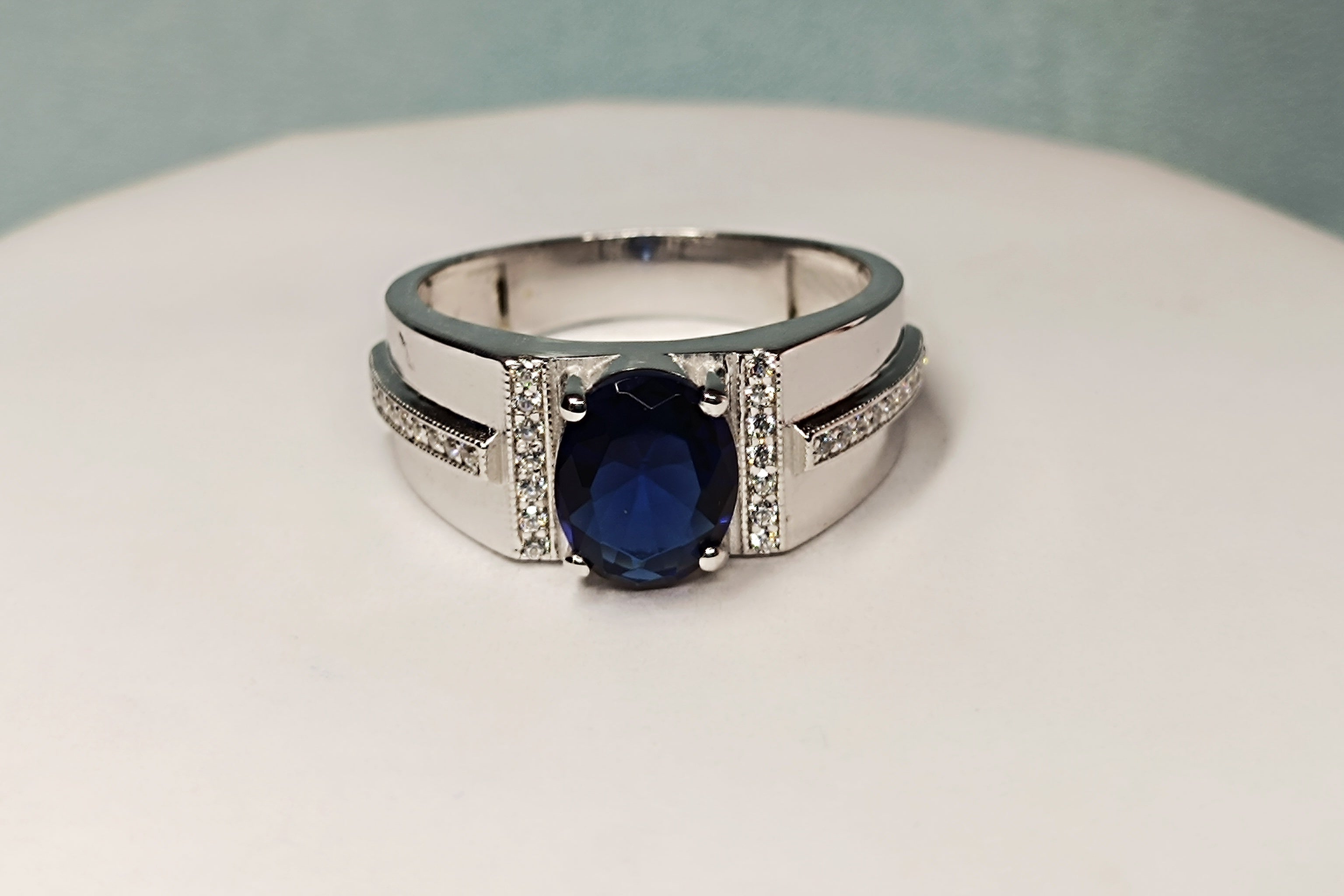 RKC 1.5 Ct Oval Cut Blue Sapphire Men's Engagement Rings 14k White Gold Plated 925 Sterling Silver