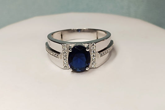 RKC 1.5 Ct Oval Cut Blue Sapphire Men's Engagement Rings 14k White Gold Plated 925 Sterling Silver