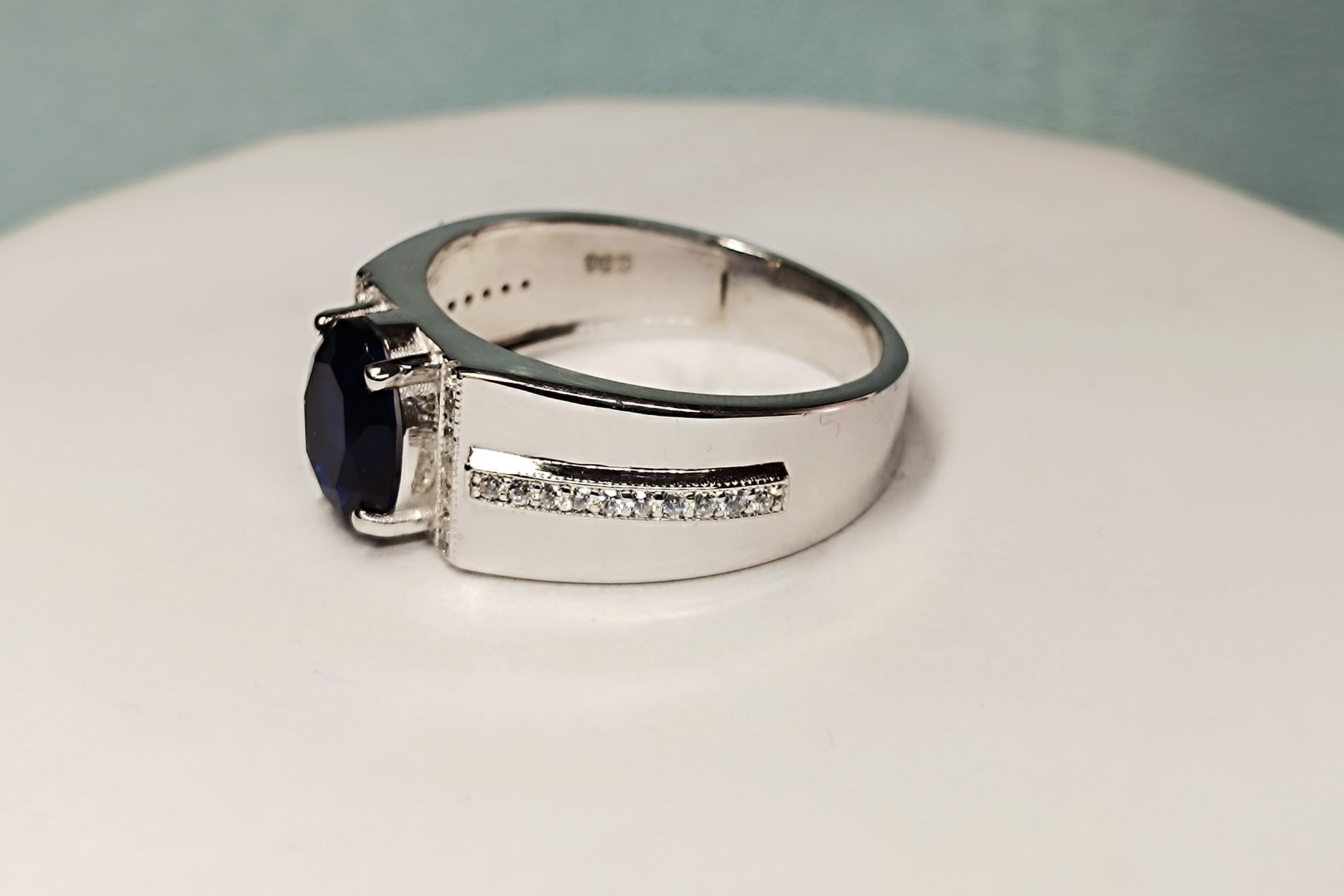 RKC 1.5 Ct Oval Cut Blue Sapphire Men's Engagement Rings 14k White Gold Plated 925 Sterling Silver