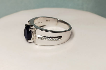 RKC 1.5 Ct Oval Cut Blue Sapphire Men's Engagement Rings 14k White Gold Plated 925 Sterling Silver