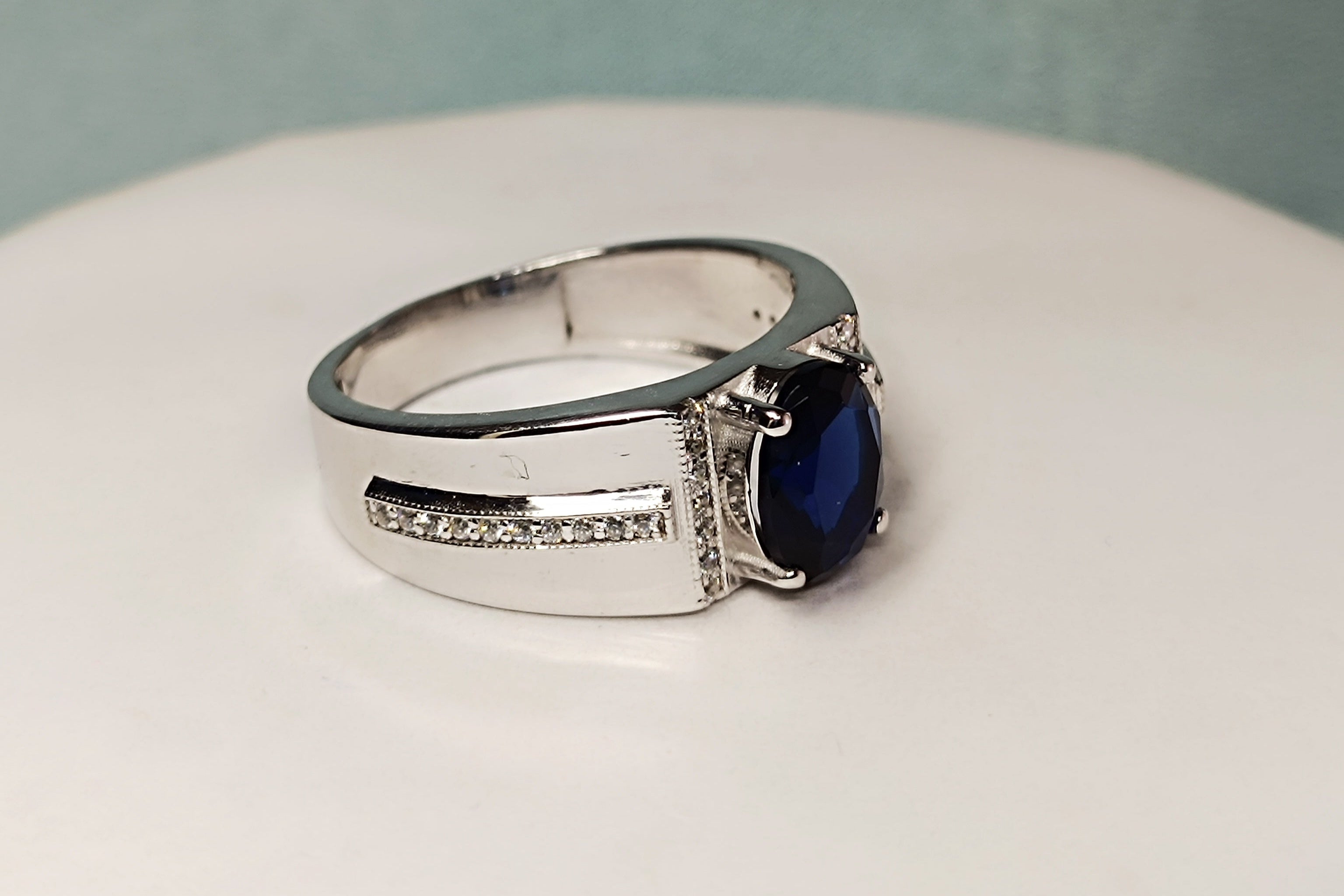 RKC 1.5 Ct Oval Cut Blue Sapphire Men's Engagement Rings 14k White Gold Plated 925 Sterling Silver